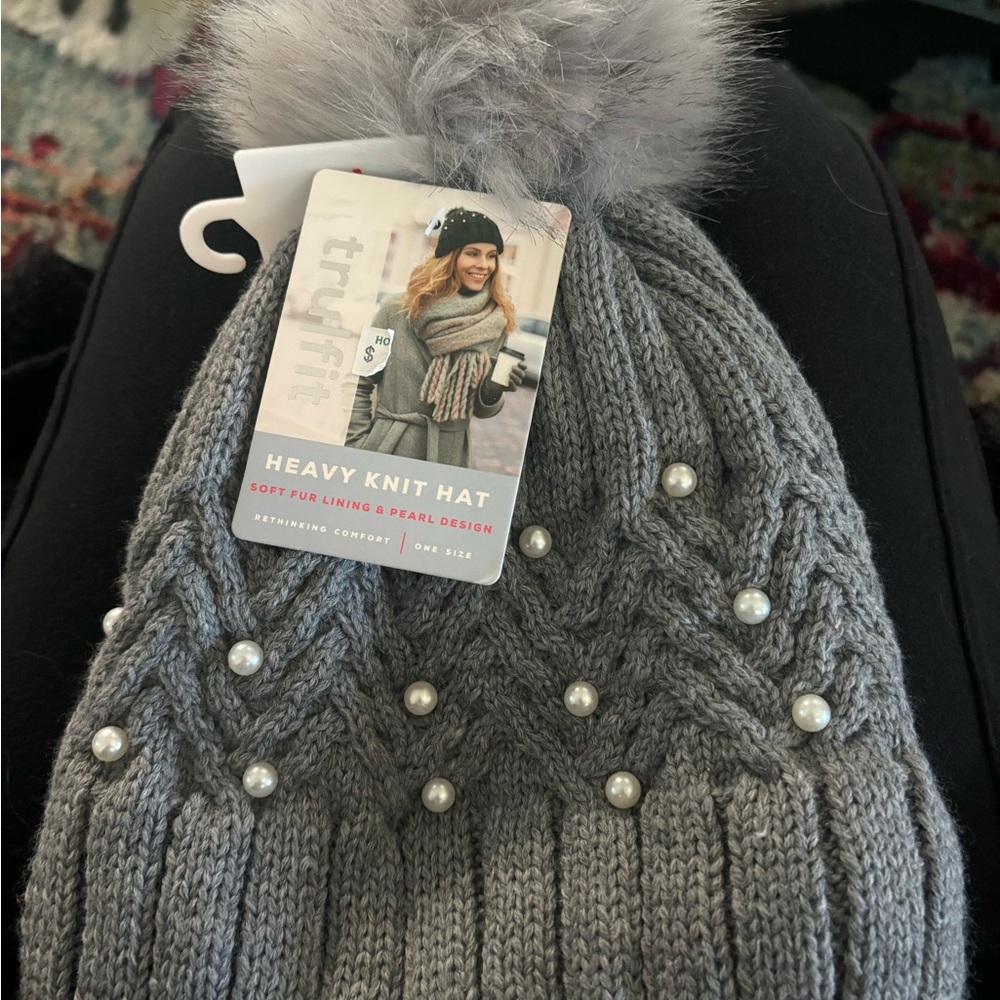 TruFit Grey Heavy Knit Hat with Faux Fur Pom